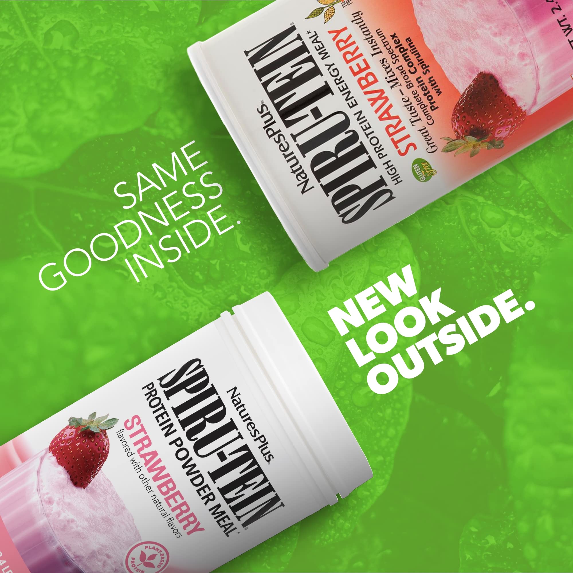 NaturesPlus SpirU-TEIN Strawberry powder packaging indicates 2.4 lb size for planning ahead.