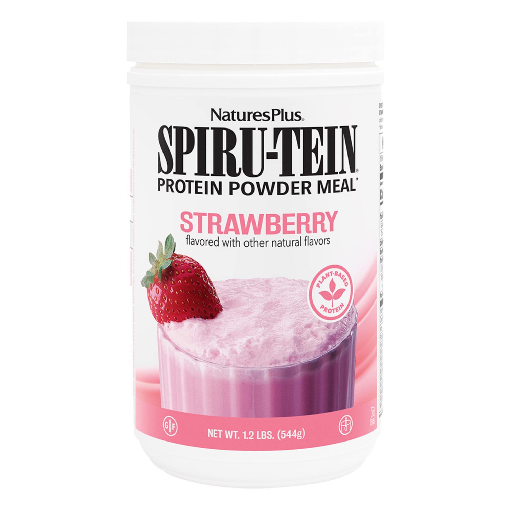 NaturesPlus SpirU-Tein strawberry protein shake in a 1-2 lb tub, ready to fuel workouts.