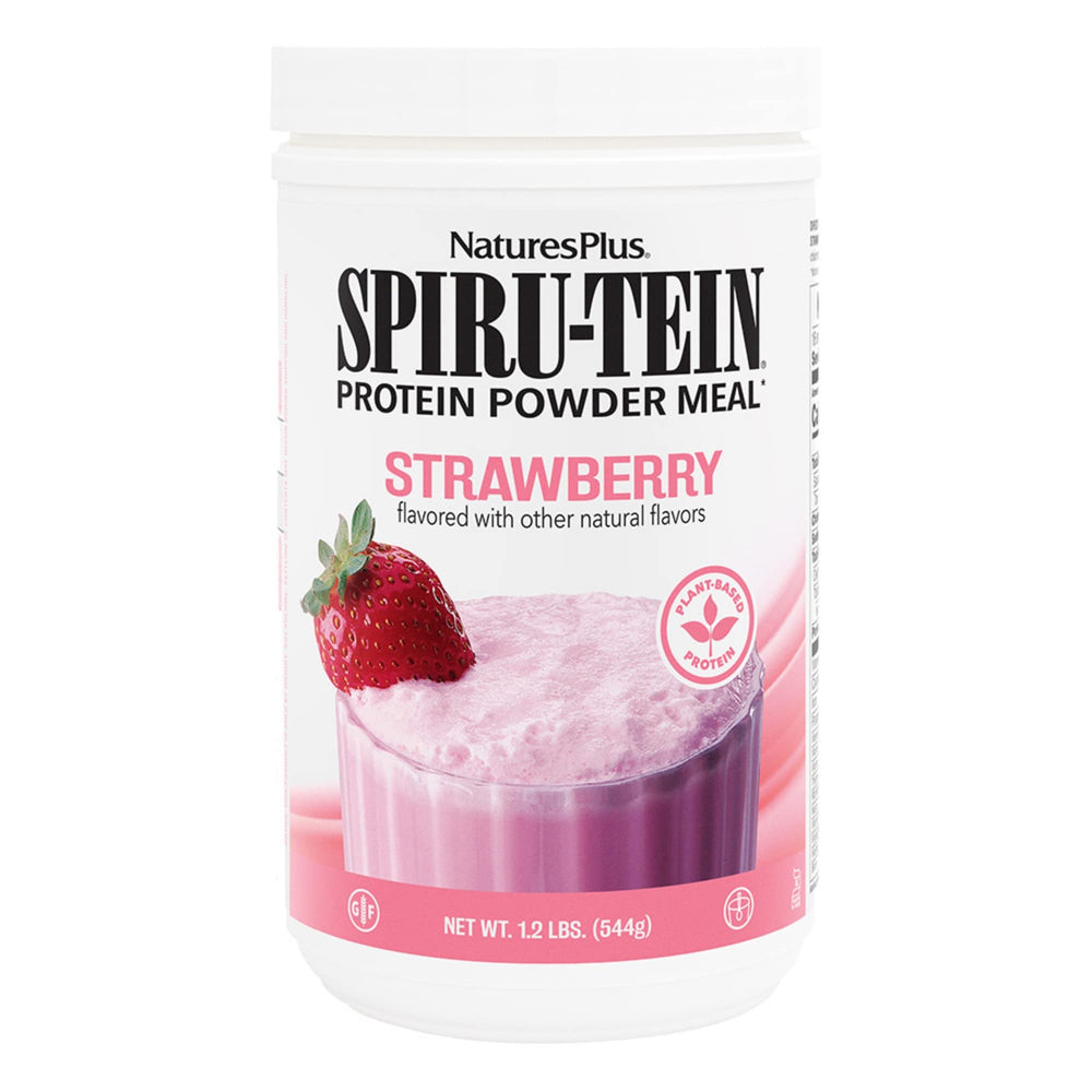 NaturesPlus SpirU-Tein strawberry protein shake in a 1-2 lb tub, ready to fuel workouts.