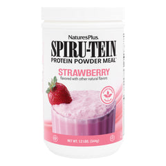NaturesPlus SpirU-Tein strawberry protein shake in a 1-2 lb tub, ready to fuel workouts.