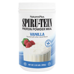NaturesPlus SPIRU-TEIN Vanilla bottle front highlighting premium protein blend