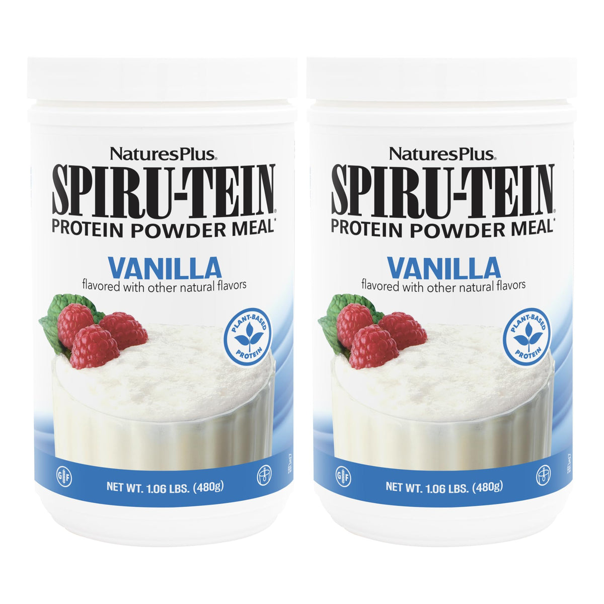 NaturesPlus SPIRU-TEIN Vanilla bottle on shelf shows plant-based protein option.