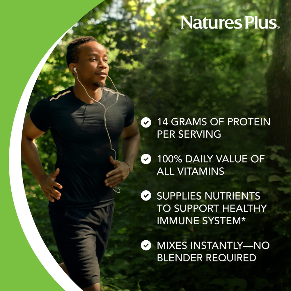 NaturesPlus SPIRU-TEIN Vanilla plant-based blend visualizes rice, soy, and pea proteins