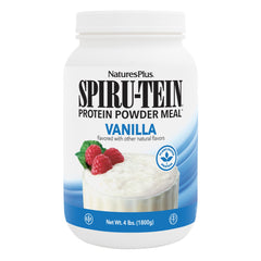 NaturesPlus SPIRU-TEIN vanilla powder canister highlights high-protein plant-based nutrition.