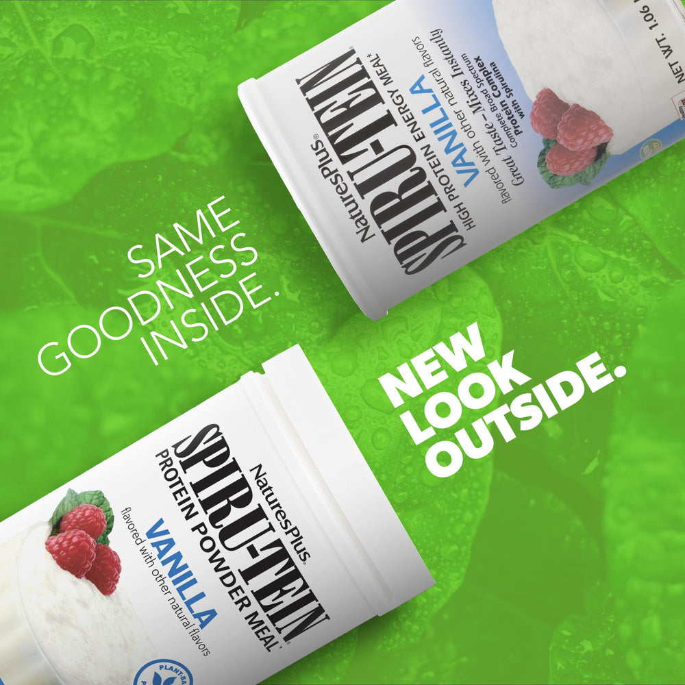 SPIRU-TEIN Vanilla scoop beside milk signaling quick shake preparation.
