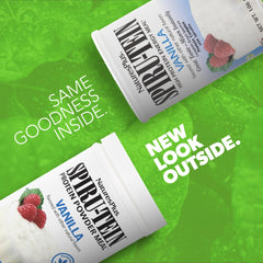 SPIRU-TEIN Vanilla scoop beside milk signaling quick shake preparation.