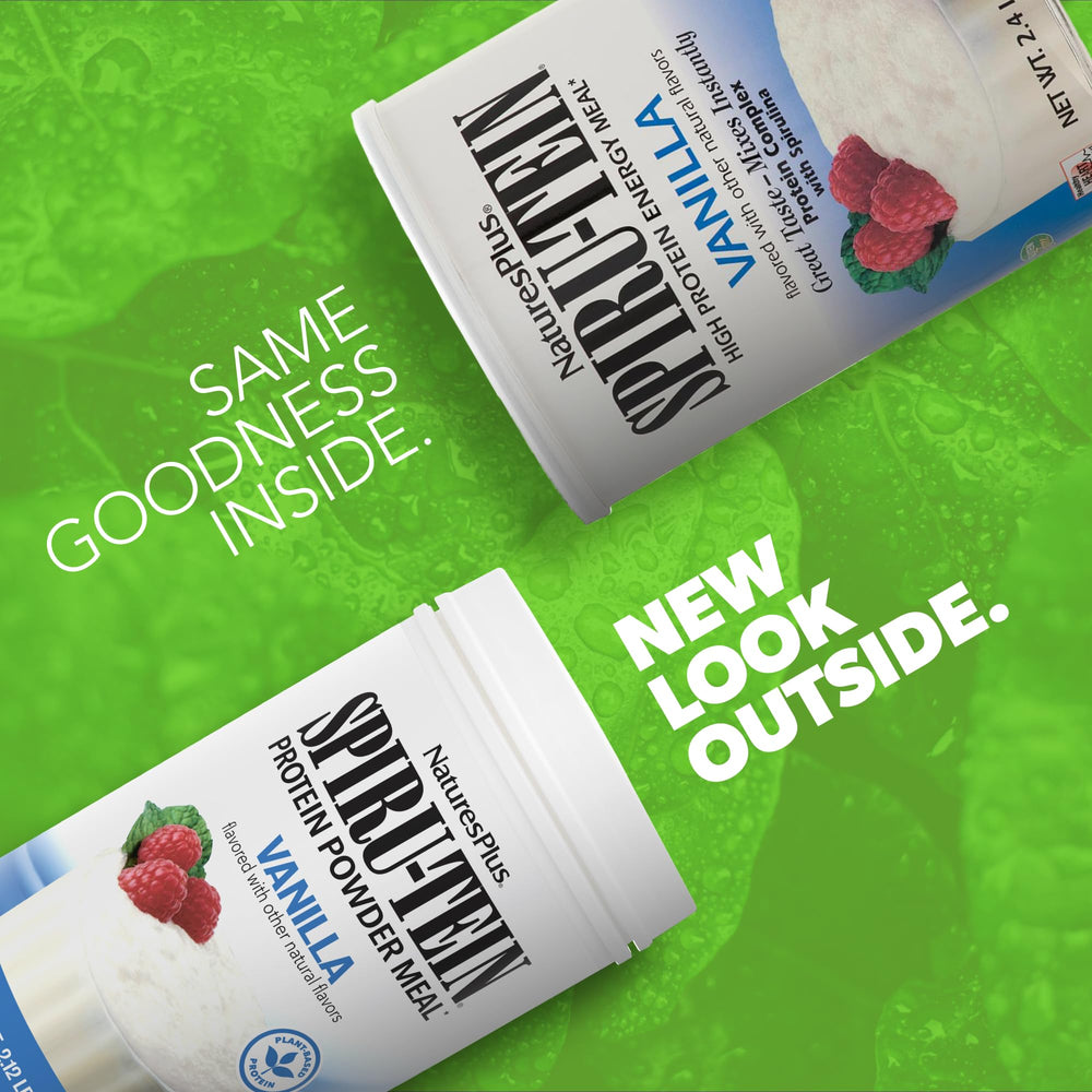 NaturesPlus SPIRU-TEIN Vanilla tub front showing easy-mix powder for quick meals
