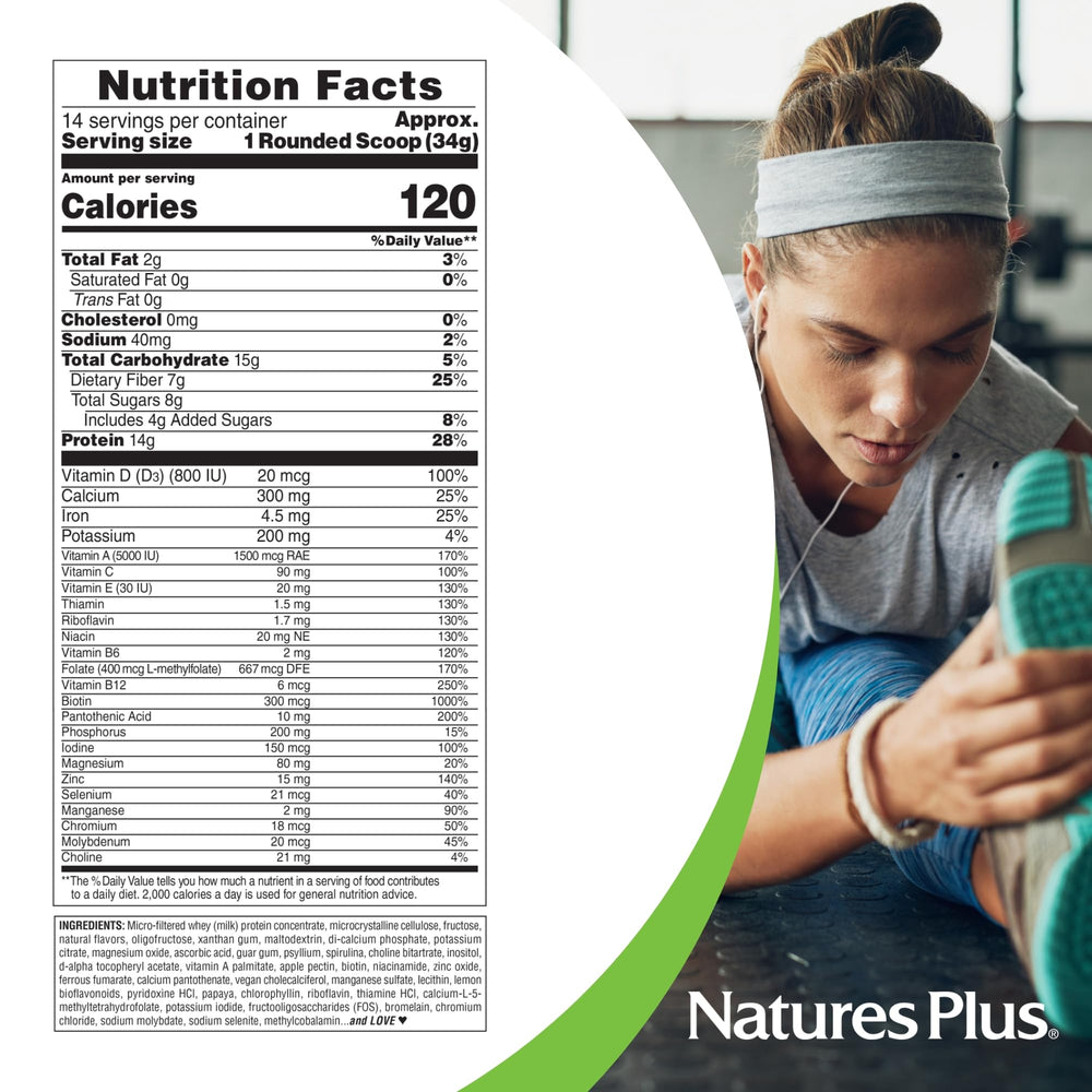 NaturesPlus SPIRU-TEIN WHEY Vanilla shaker for a quick post-workout mix.