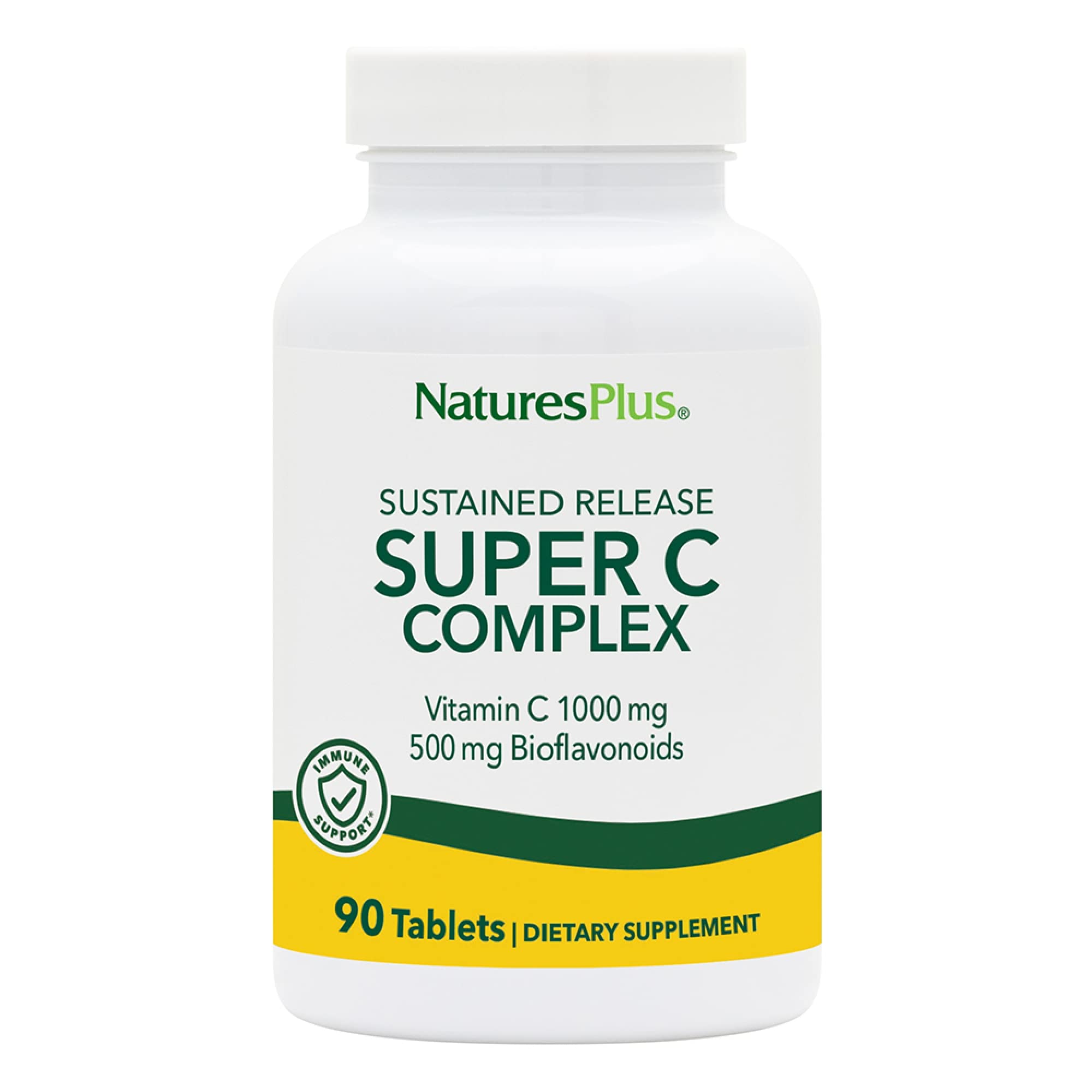 NaturesPlus Super C Complex bottle with label showing 90 servings for daily wellness.