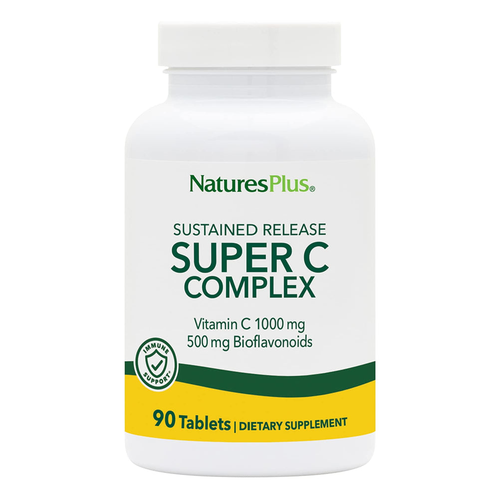 NaturesPlus Super C Complex bottle with label showing 90 servings for daily wellness.