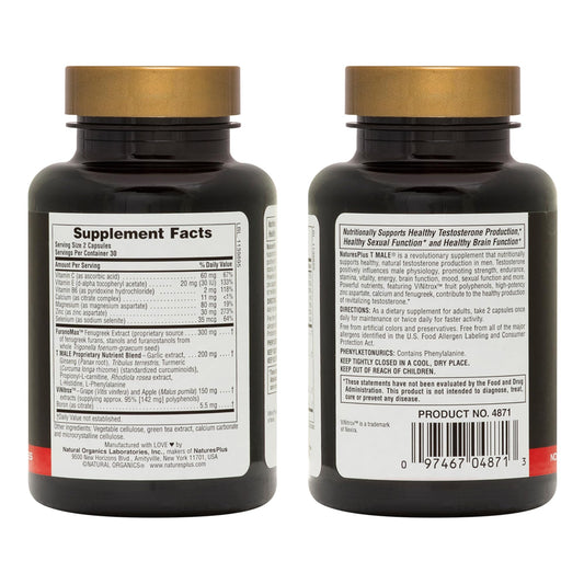NaturesPlus T Male bottle side view showing compact packaging for travel.