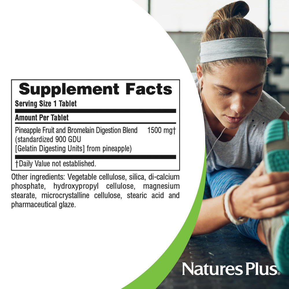 NaturesPlus Ultra Bromelain 1500 mg tablets with water glass implying daily use