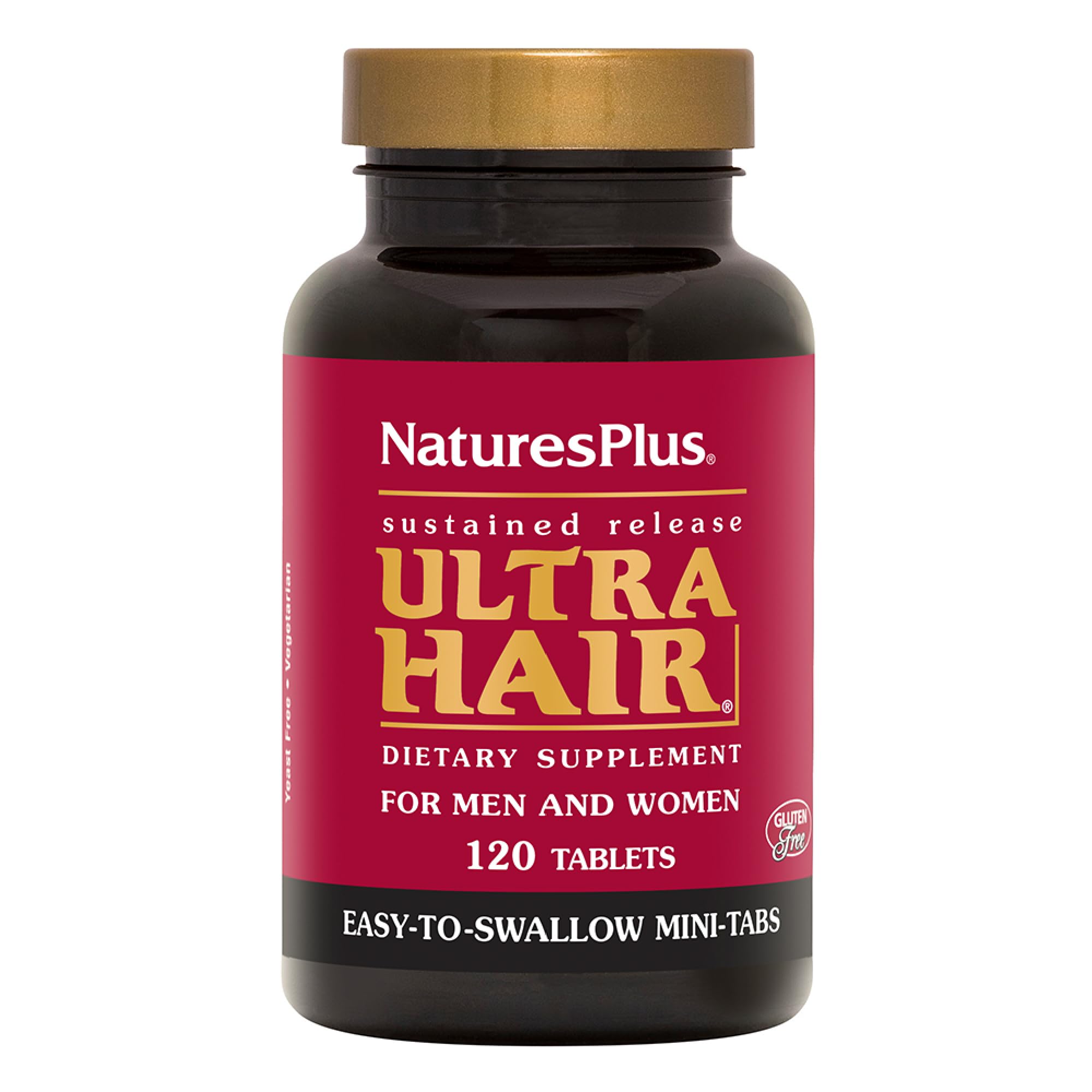 NaturesPlus Ultra Hair bottle front highlights gluten-free, hair-support formula for everyday use.