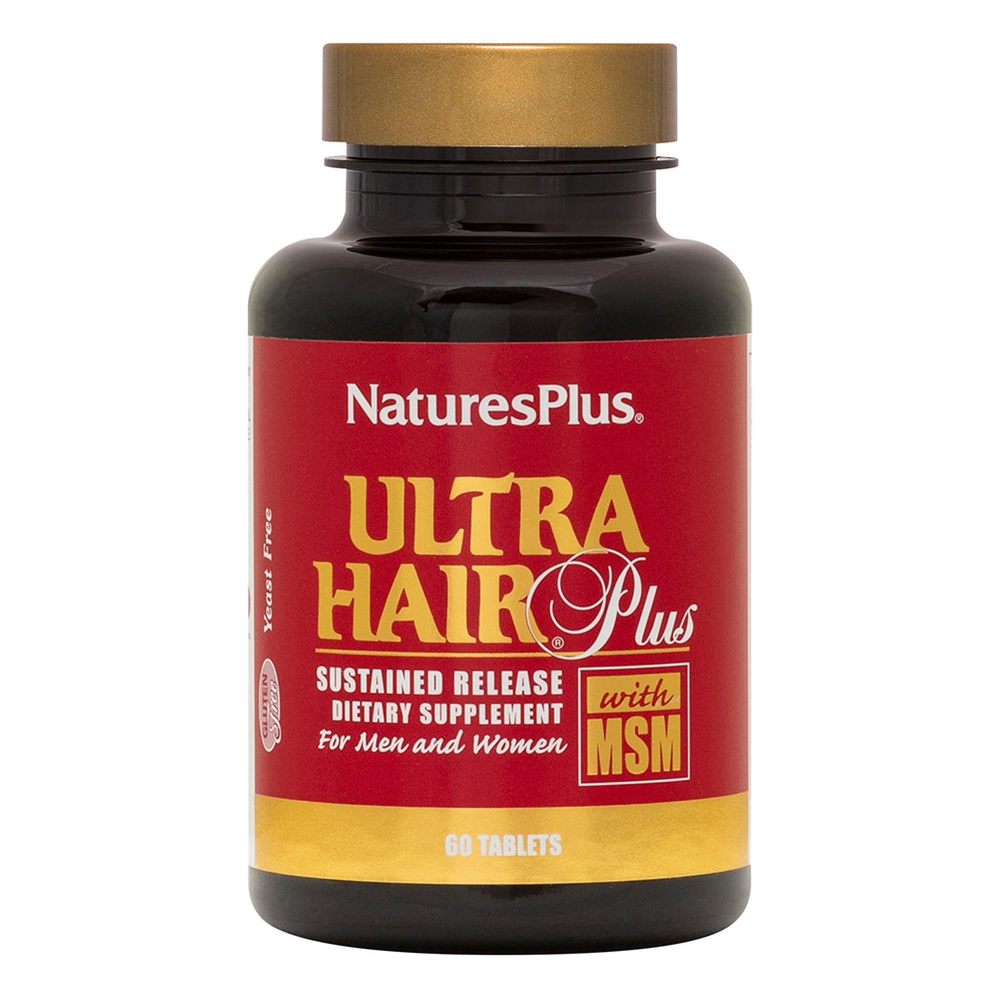NaturesPlus Ultra Hair Plus bottle close-up showcasing the product name and packaging