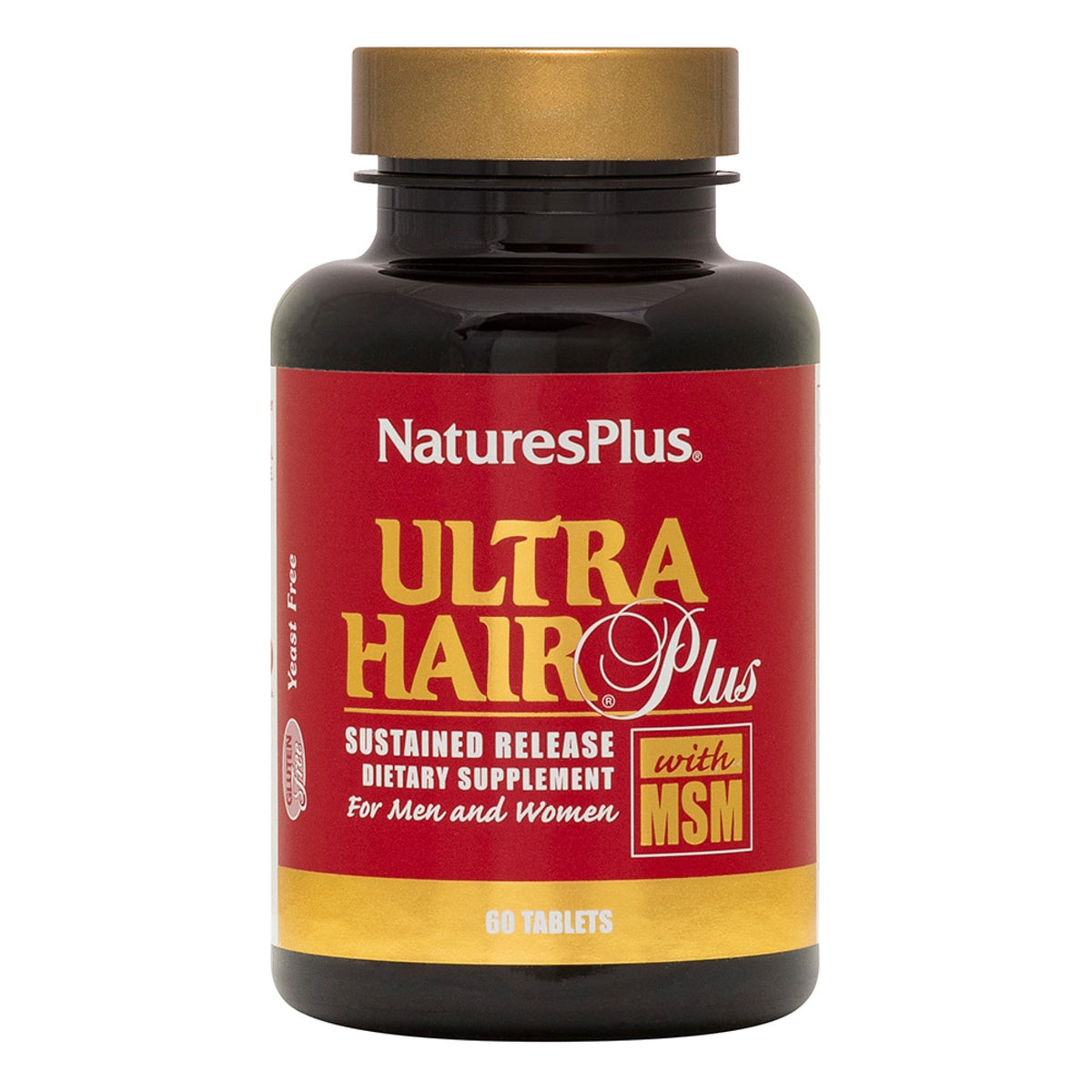 NaturesPlus Ultra Hair Plus bottle close-up showcasing the product name and packaging