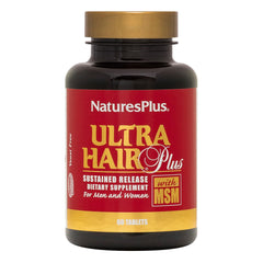 NaturesPlus Ultra Hair Plus bottle close-up showcasing the product name and packaging