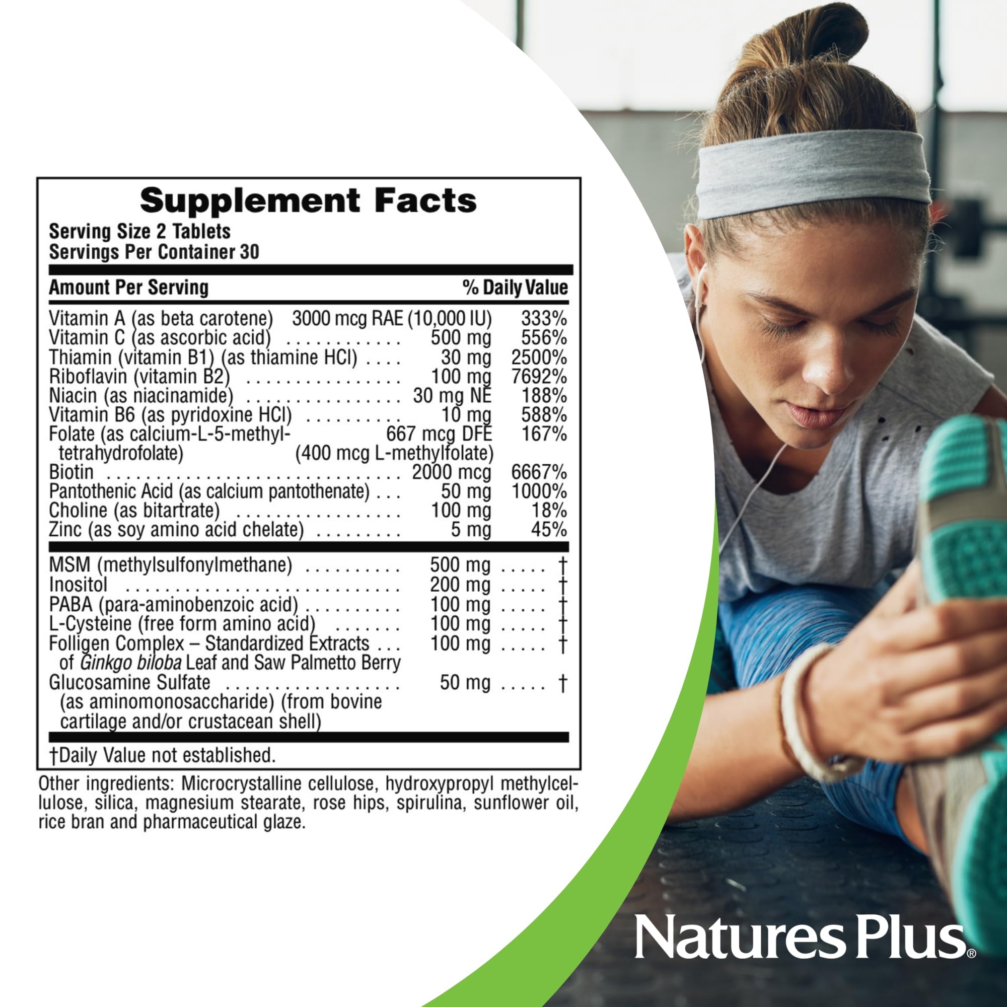 NaturesPlus Ultra Hair Plus ingredient panel with MSM, biotin, and nutrients