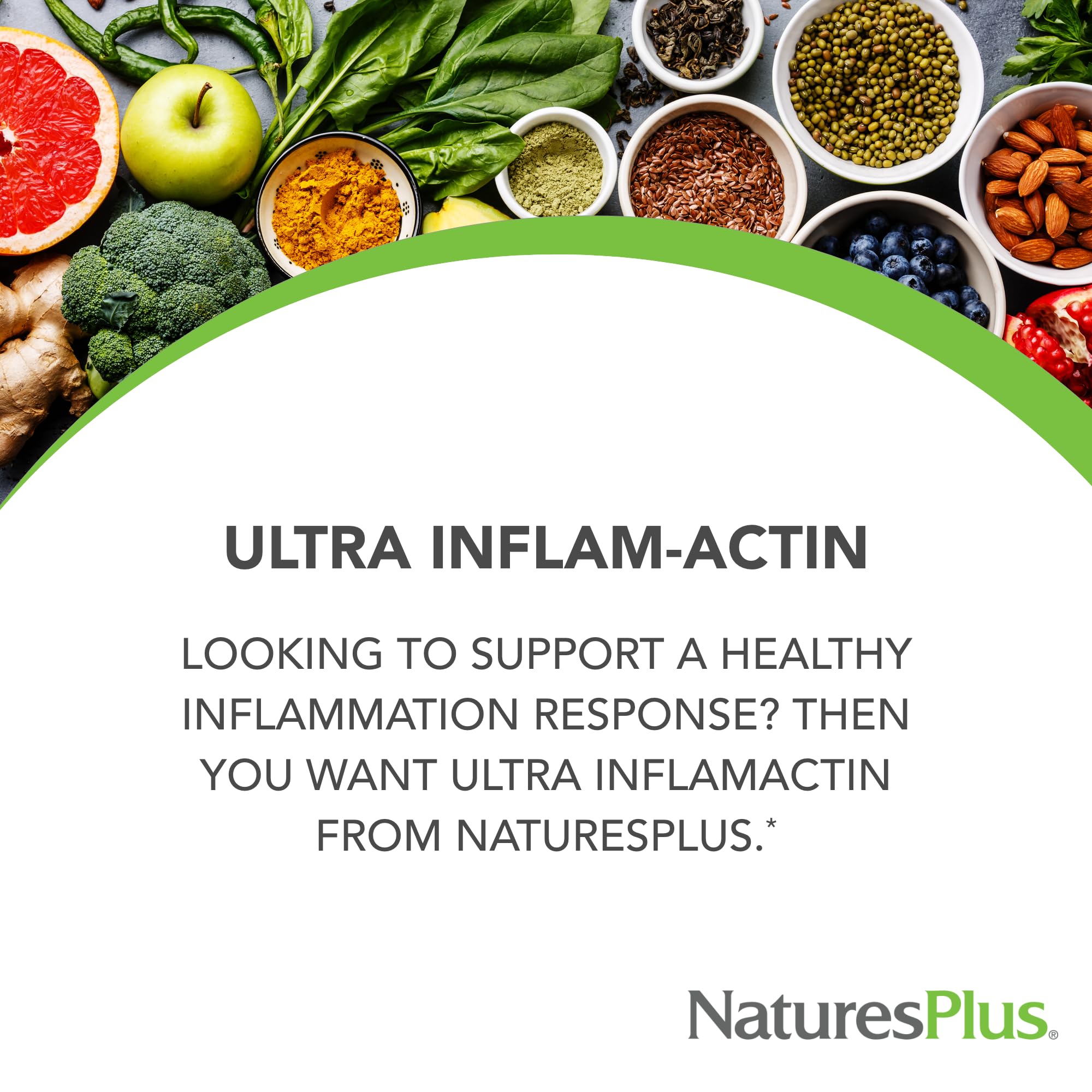 Nature's Plus Ultra InflamActin capsules close-up showing soft, easy-to-swallow form.