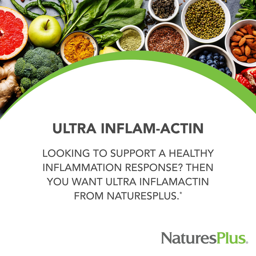 Nature's Plus Ultra InflamActin capsules close-up showing soft, easy-to-swallow form.