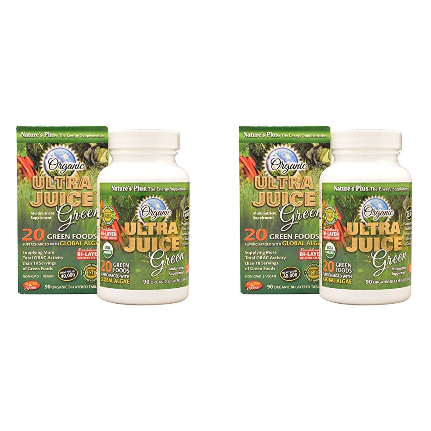 Close-up of Ultra Juice Green bi-layered tablets highlighting energy-supporting nutrition.