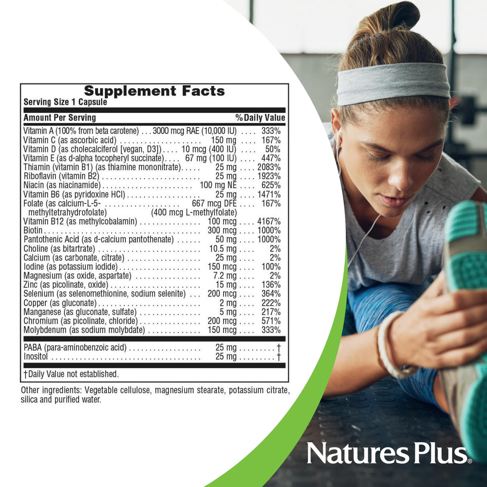 NaturesPlus Ultra One Daily Iron Free packaging demonstrates everyday wellness on the go.