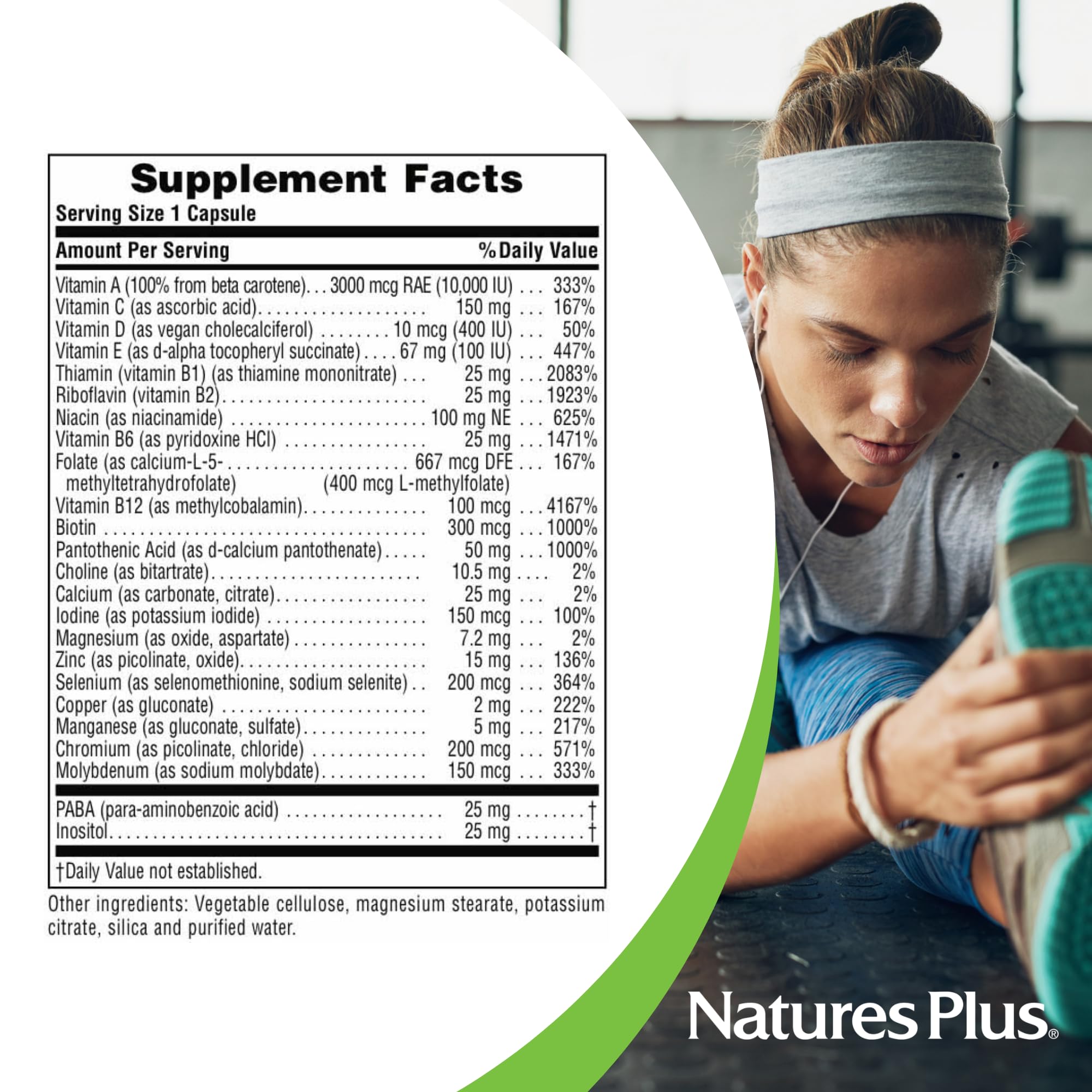 NaturesPlus Ultra One Daily Iron-Free capsules show beta carotene for skin and vision support