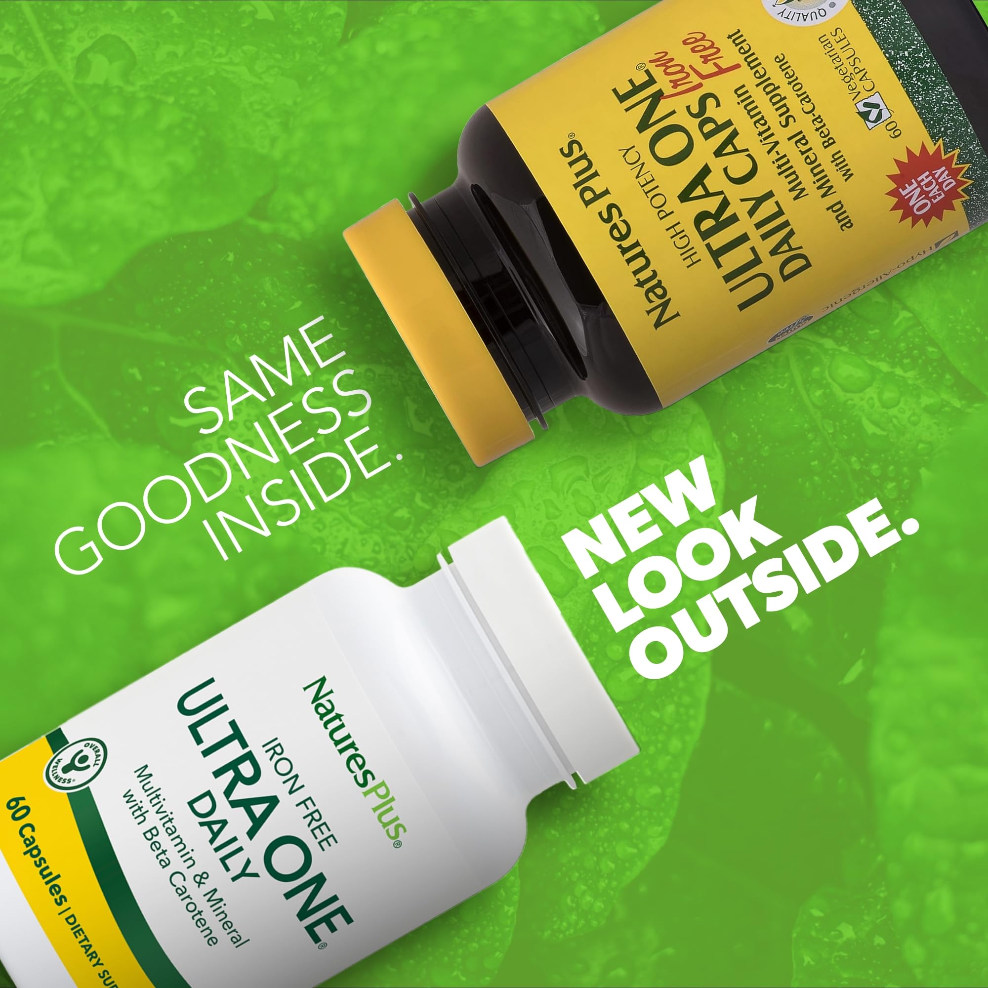 NaturesPlus Ultra One Daily Iron Free label closeup shows essential vitamin details.