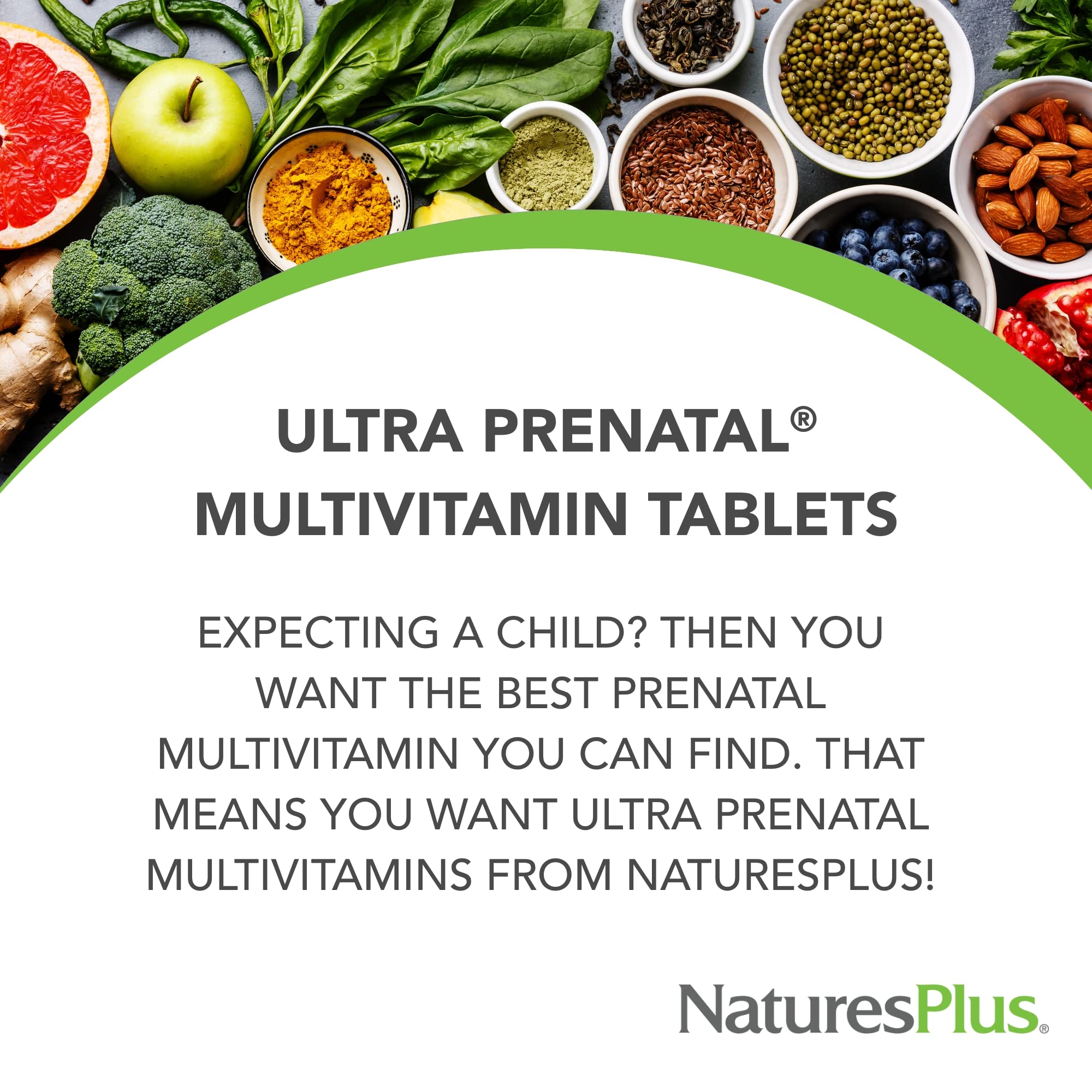 NaturesPlus Ultra Prenatal tablets highlighting vegetarian formula with iron and calcium