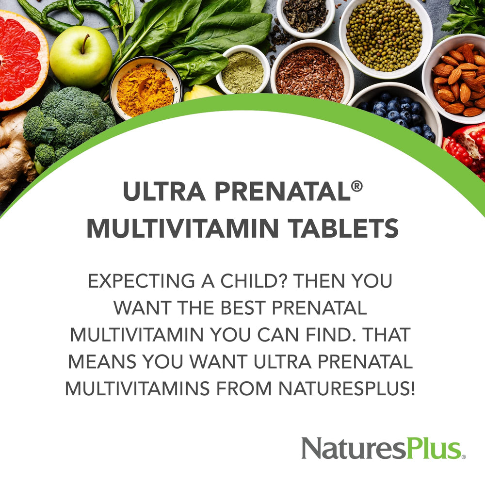NaturesPlus Ultra Prenatal tablets highlighting vegetarian formula with iron and calcium