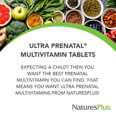 NaturesPlus Ultra Prenatal tablets highlighting vegetarian formula with iron and calcium