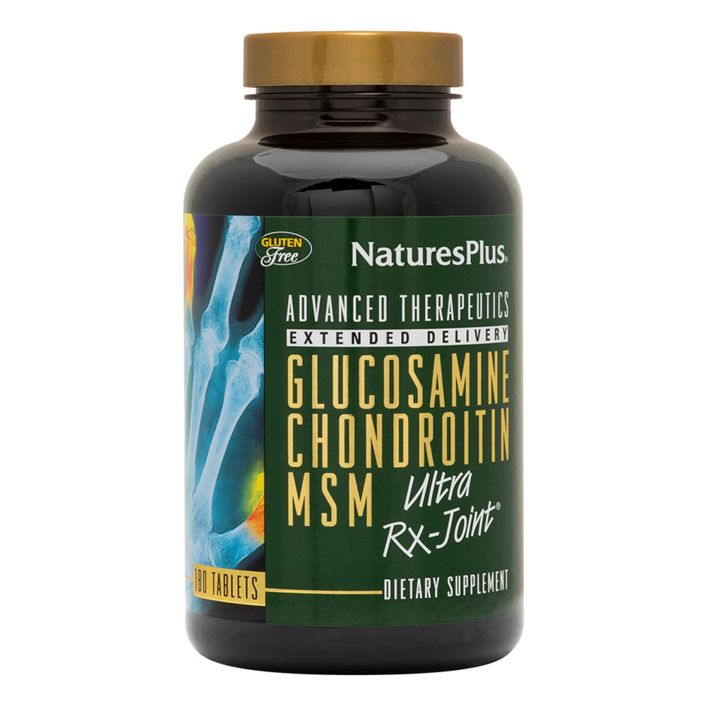 NaturesPlus Ultra Rx-Joint bottle label highlights glucosamine, chondroitin, MSM for joint support.