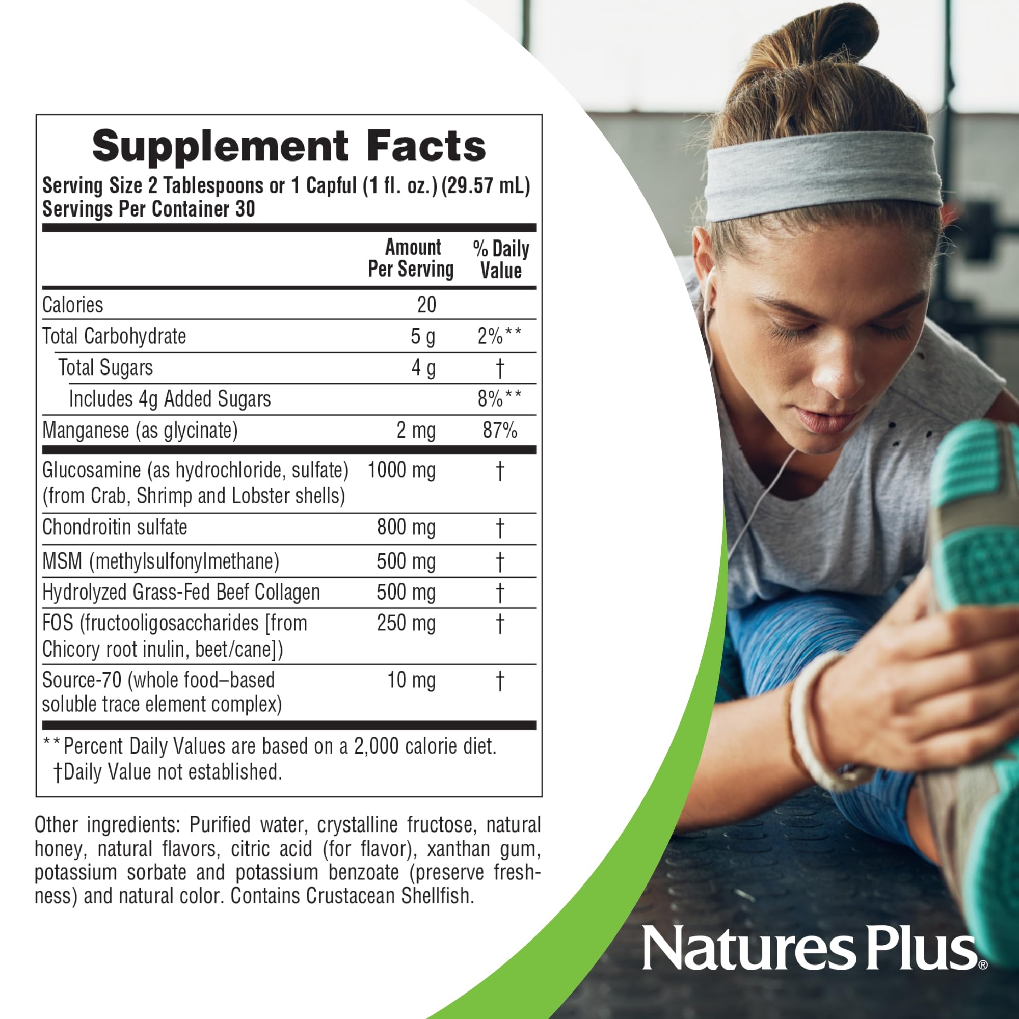 Ingredient panel shows glucosamine, chondroitin, and MSM in NaturesPlus Rx-Joint Liquid.