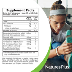 Ingredient panel shows glucosamine, chondroitin, and MSM in NaturesPlus Rx-Joint Liquid.