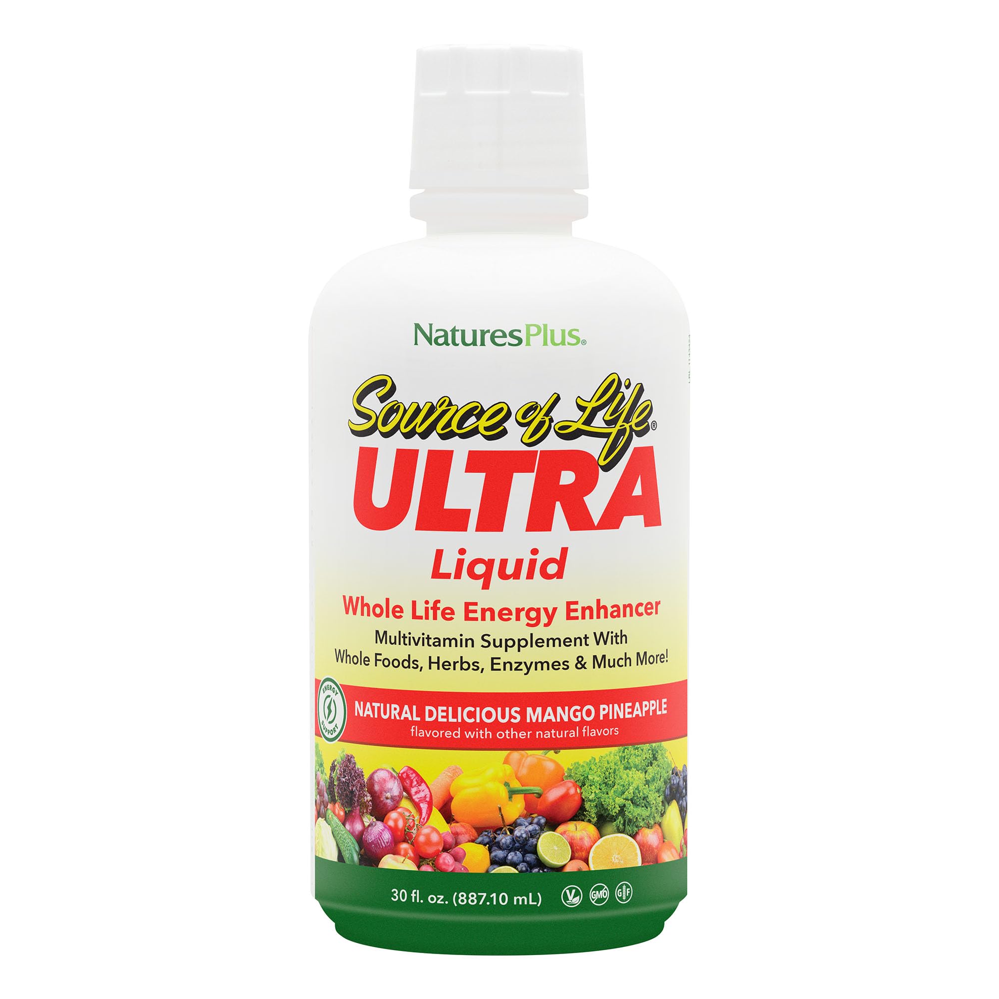 NaturesPlus Ultra Source of Life Liquid bottle in mango-pineapple flavor for daily nutrition