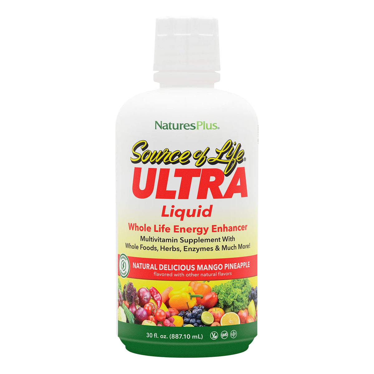 NaturesPlus Ultra Source of Life Liquid bottle in mango-pineapple flavor for daily nutrition