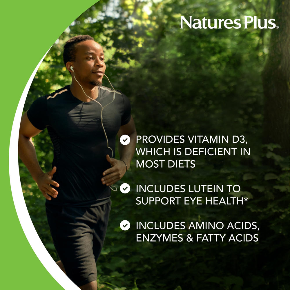 Label close-up showing vitamin D3 and lutein on NaturesPlus bottle