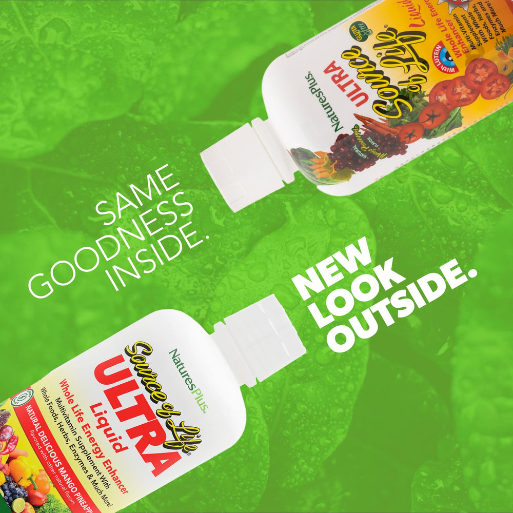 NaturesPlus Ultra Source of Life Liquid pour showing easy daily serving