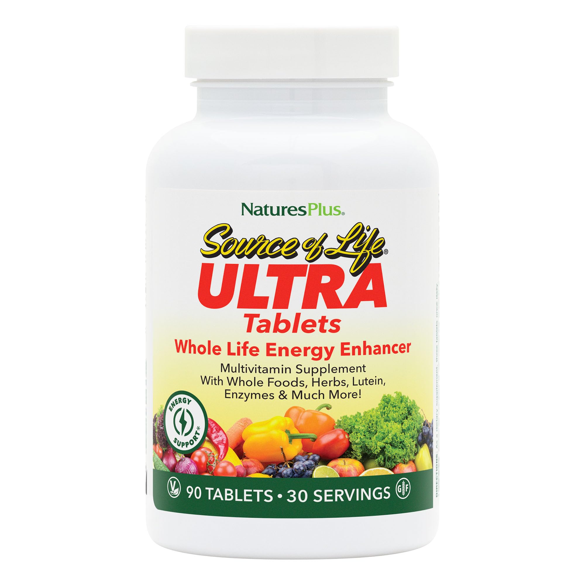 NaturesPlus Ultra Source of Life multivitamin bottle-front view highlighting a comprehensive daily supplement
