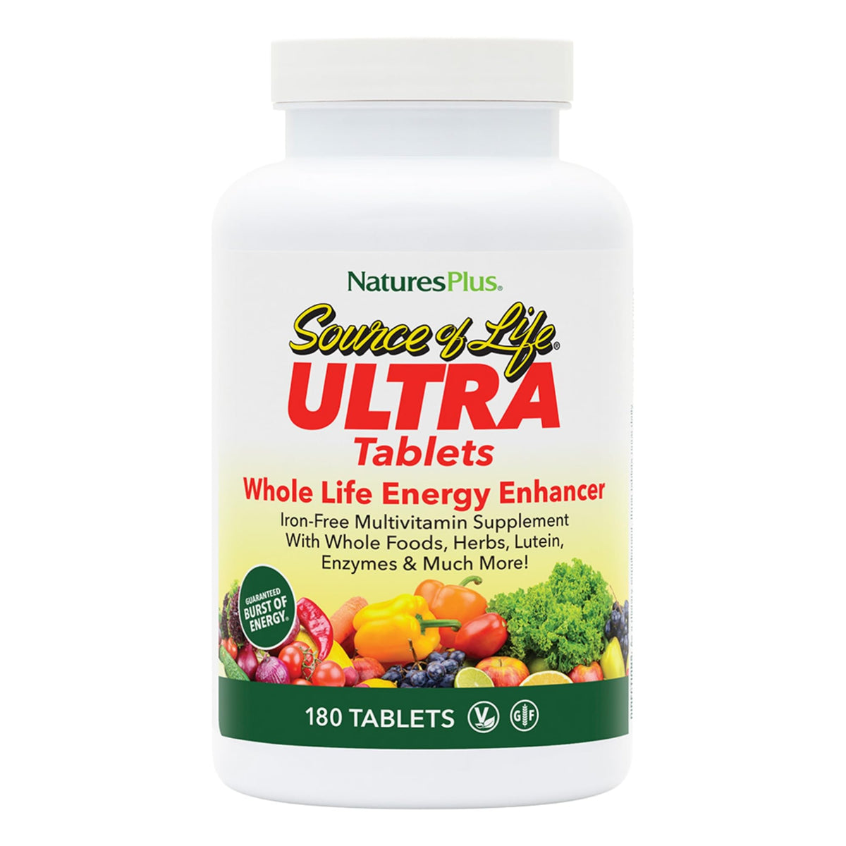NaturesPlus Ultra Source of Life No-Iron bottle front view for daily energy