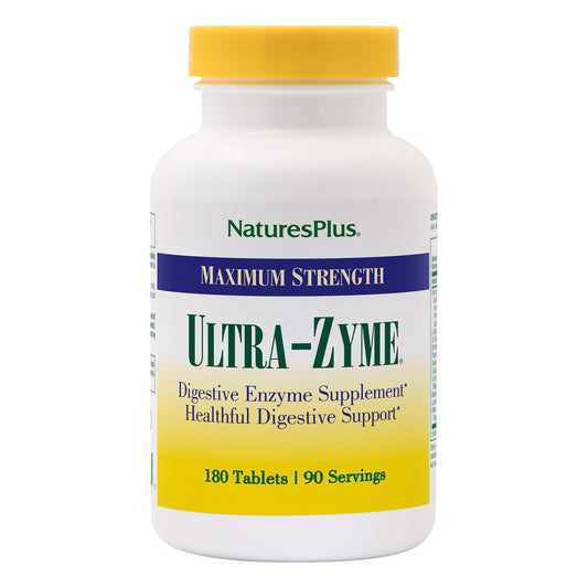 NaturesPlus Ultra-Zyme tablets in bottle showing coated enzymes for digestion support