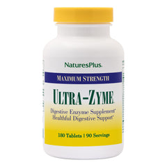 NaturesPlus Ultra-Zyme tablets in bottle showing coated enzymes for digestion support