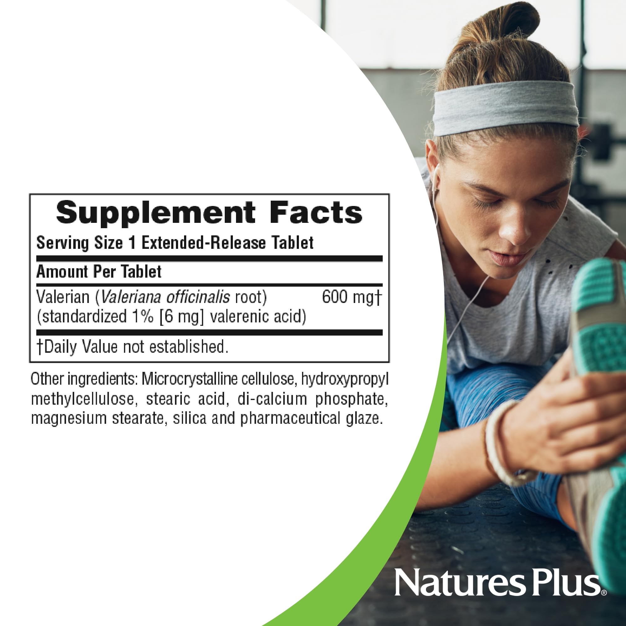 NaturesPlus Valerian bottle with sleep scene suggests relaxing evenings.