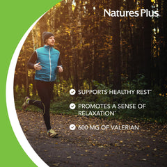 NaturesPlus Valerian tablets closeup label highlights standardized extended-release formula.