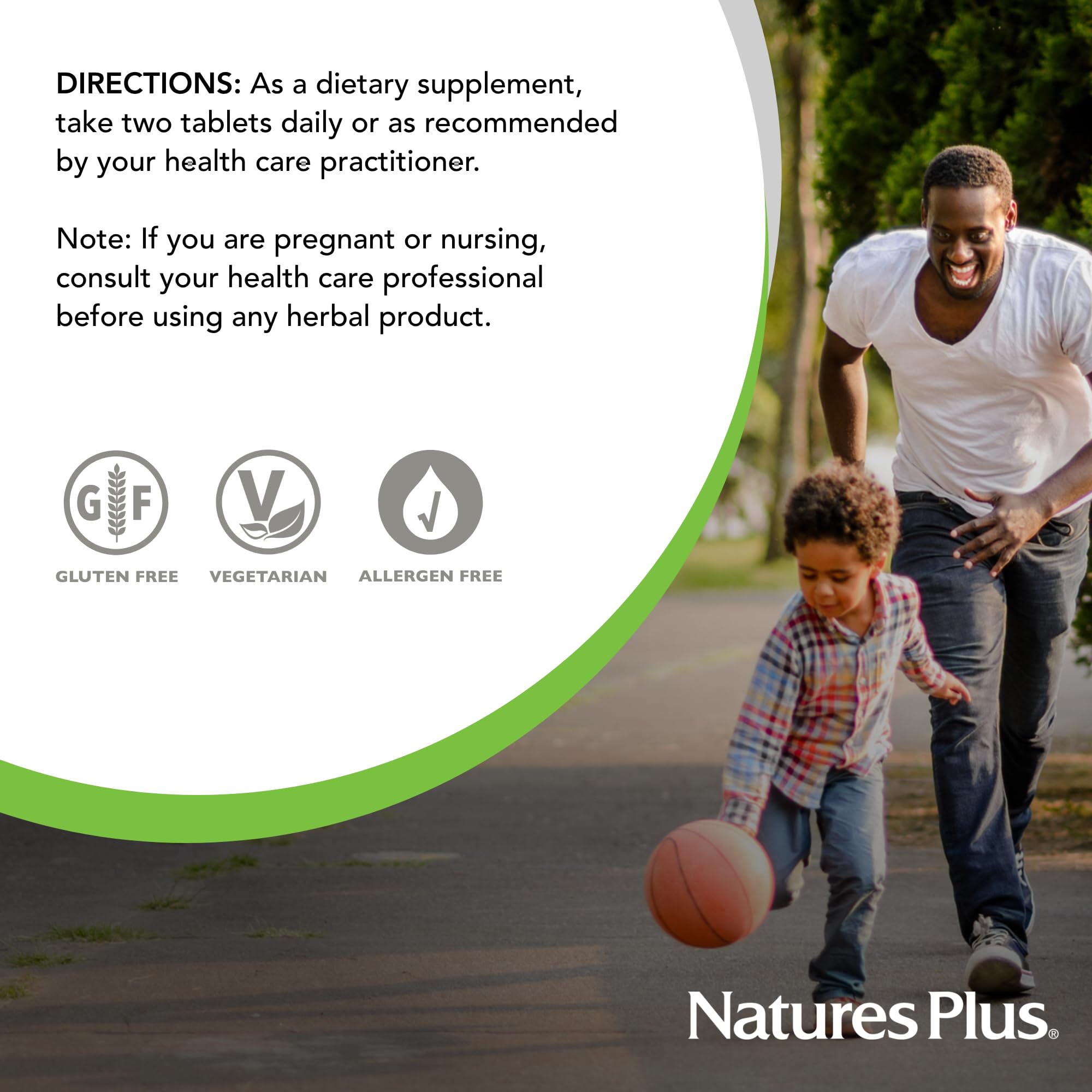 NaturesPlus vegetarian gluten-free label signals compatibility with special diets.