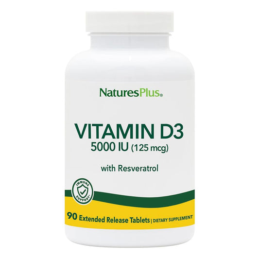 NaturesPlus Vitamin D3 Extended Release bottle with label highlighting calcium absorption