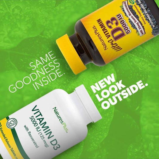 Close-up of NaturesPlus bottle label showing 5000 IU potency
