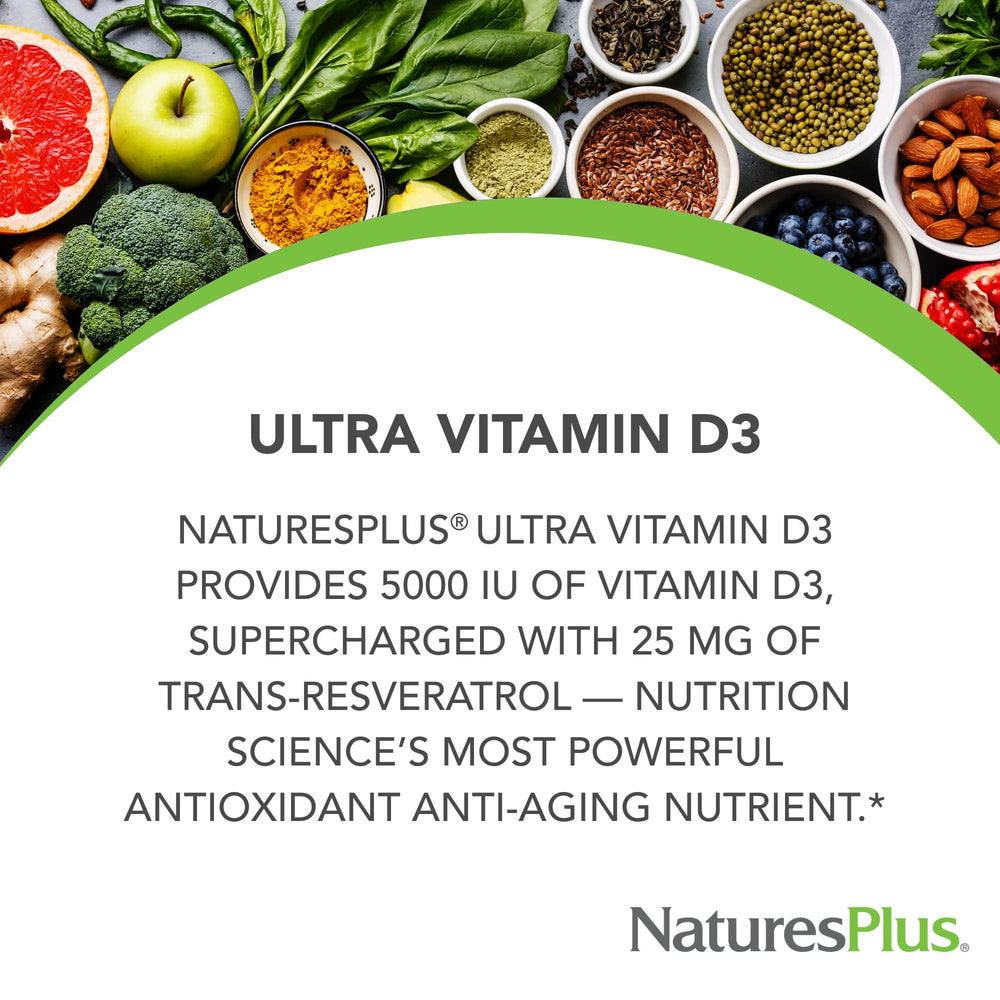 NaturesPlus Vitamin D3 tablets arranged to show vegan, gluten-free format