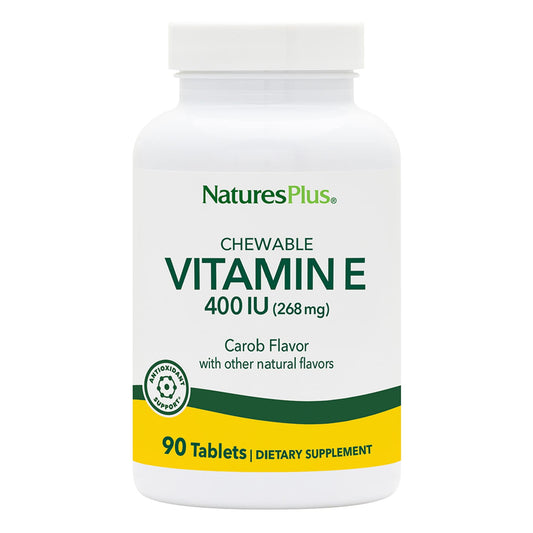 Nature's Plus Vitamin E 400 IU carob chewable bottle, gluten-free and vegetarian friendly.