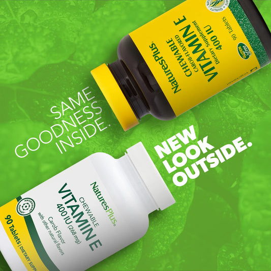 Nature's Plus Vitamin E carob chewables arranged on plate for easy daily use.