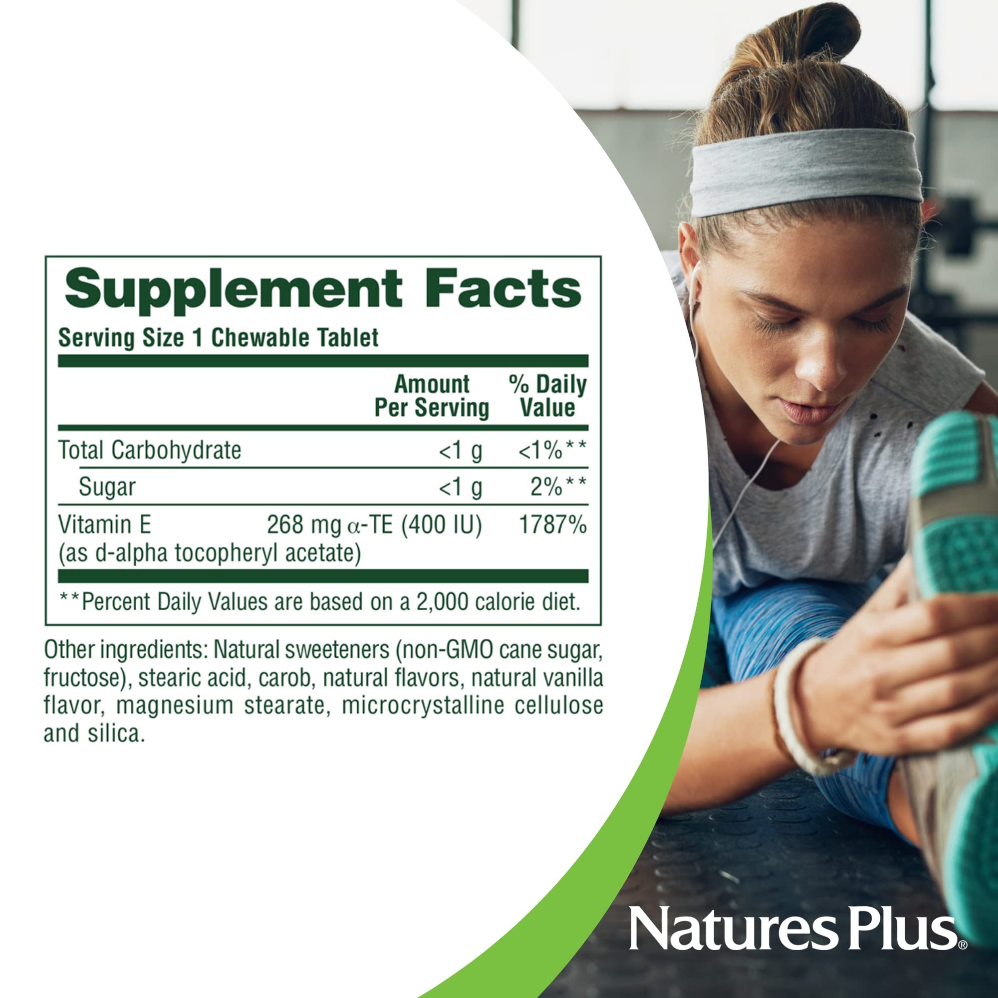 Vegetarian-friendly Nature's Plus Vitamin E chewables with carob flavor.
